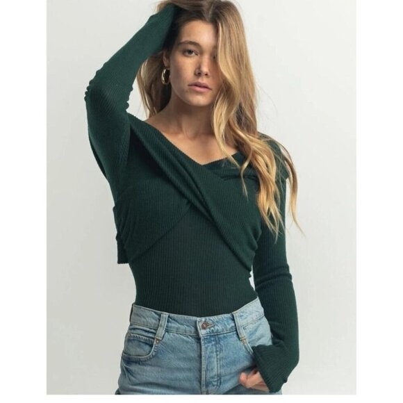 NWT Free People Marley Deepest Spruce V Neck Off Shoulder Rib Twist Top Women's - Picture 2 of 12